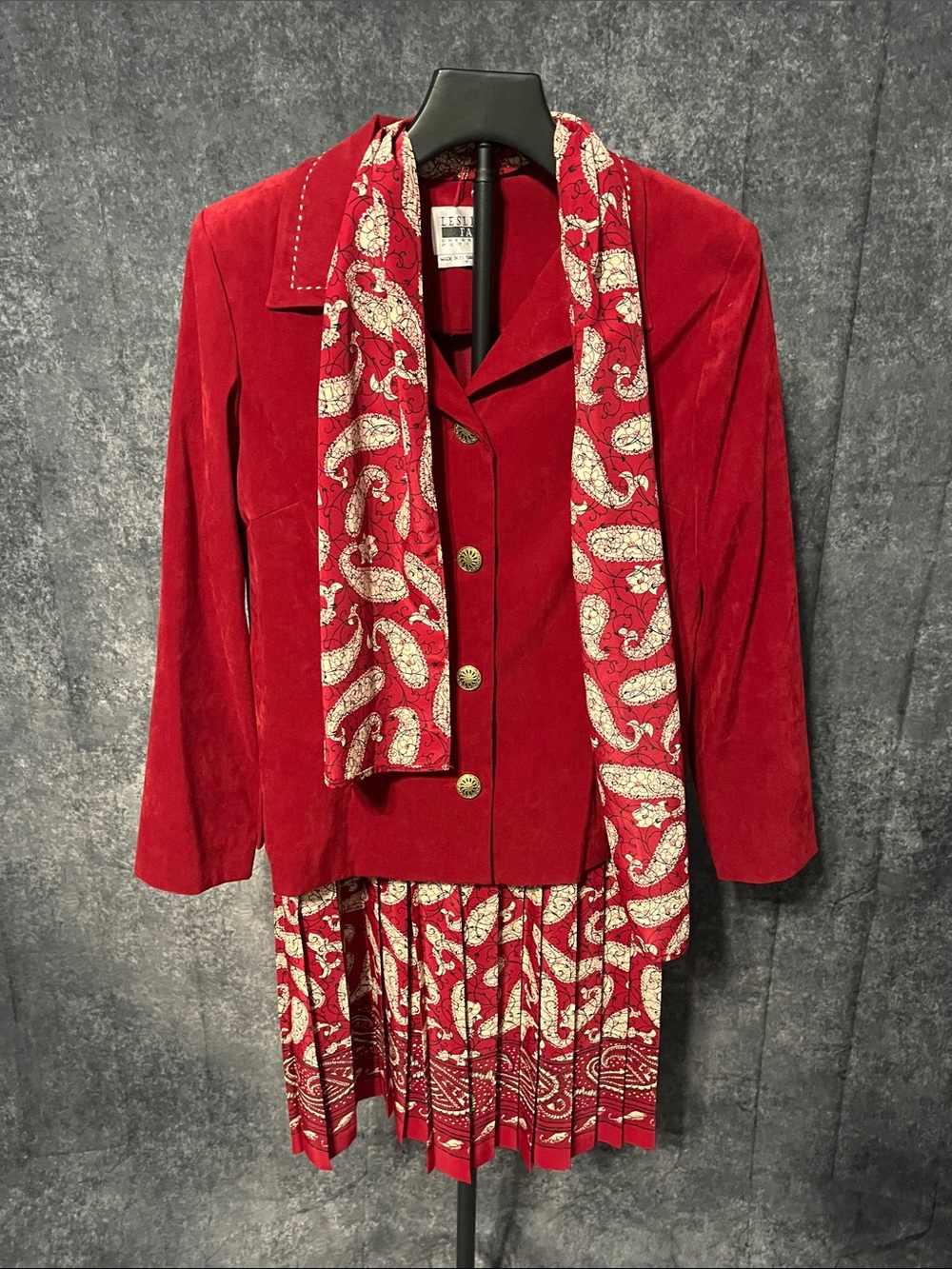 Leslie Fay Red Velvet Skirt Set with Paisley Scarf Vintage